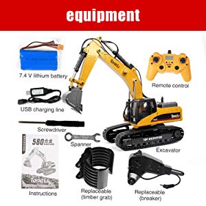 Accessories of the excavator which includes transmitter, grabber, breaker, battery and screws etc.