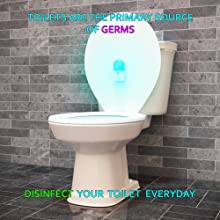 toilet, disinfect, santize, aerosol, deodorize, uv light, uv lamp, uv, uvc, germicidal, germs